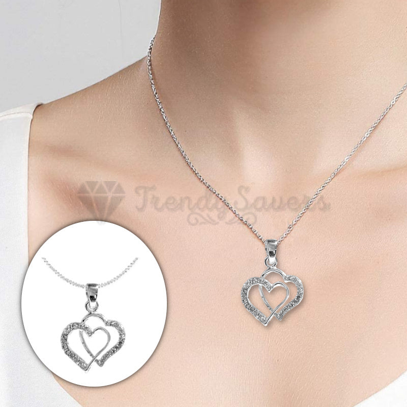 Simple Tiny Double Hollow Heart White Gold Plated Pendant Chain Necklace Jewelry