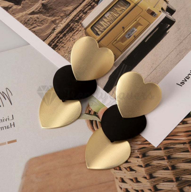 Retro Chic Triple Yellow Black Hearts Ear Stud 18ct Gold Plated Fashion Earrings