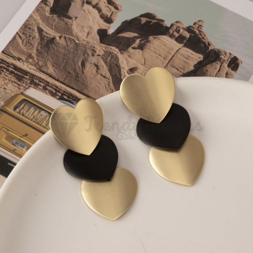 Retro Chic Triple Yellow Black Hearts Ear Stud 18ct Gold Plated Fashion Earrings