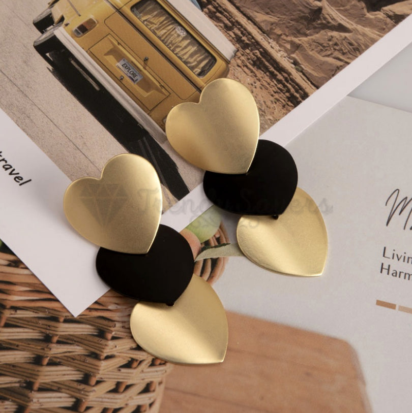 Retro Chic Triple Yellow Black Hearts Ear Stud 18ct Gold Plated Fashion Earrings