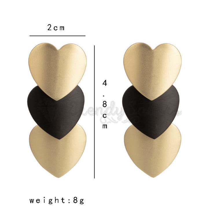 Retro Chic Triple Yellow Black Hearts Ear Stud 18ct Gold Plated Fashion Earrings