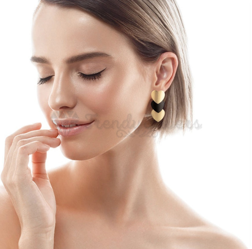 Retro Chic Triple Yellow Black Hearts Ear Stud 18ct Gold Plated Fashion Earrings