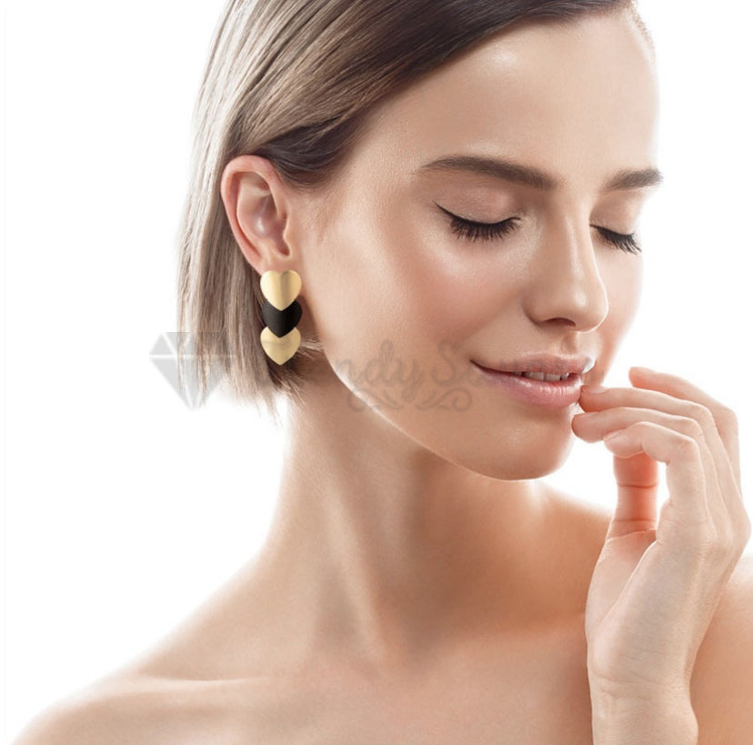 Retro Chic Triple Yellow Black Hearts Ear Stud 18ct Gold Plated Fashion Earrings