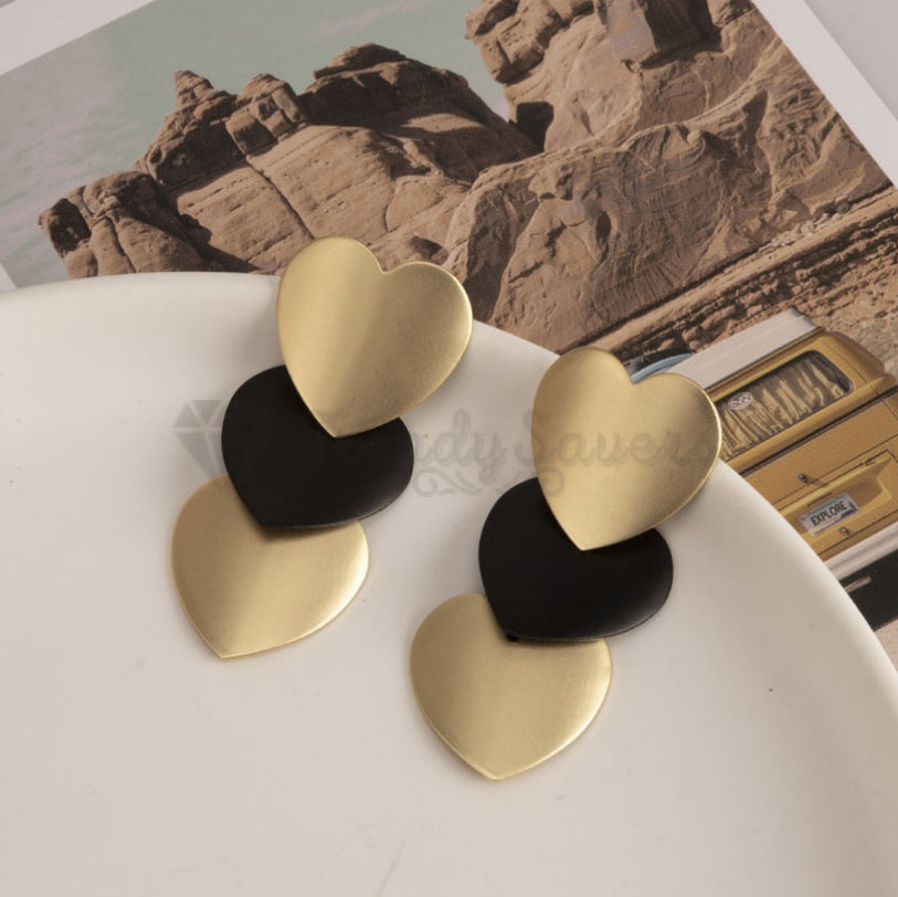 Retro Chic Triple Yellow Black Hearts Ear Stud 18ct Gold Plated Fashion Earrings