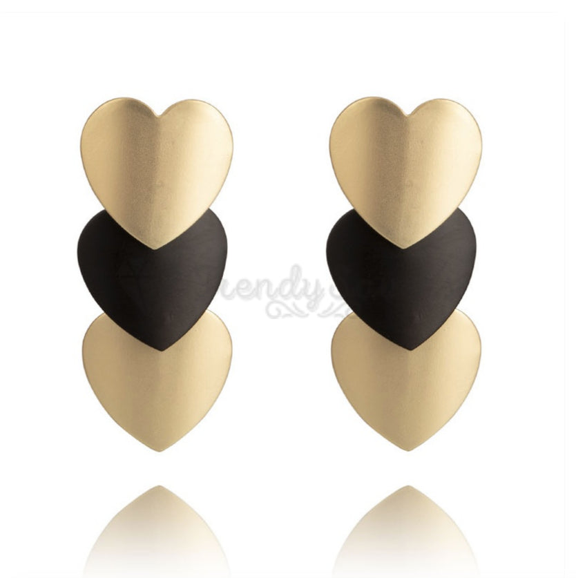 Retro Chic Triple Yellow Black Hearts Ear Stud 18ct Gold Plated Fashion Earrings