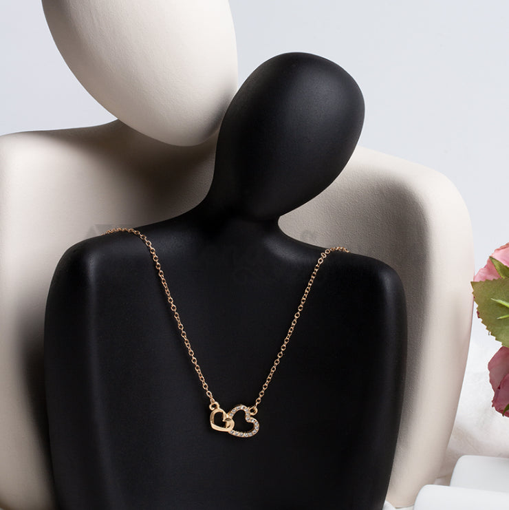 Women Classic Cubic Zirconia Double Hearts Pendant Gold Clavicle Chain Necklace