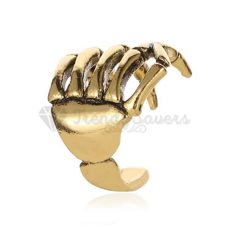 1x Surgical Steel Gothic Skeleton Hand Claw Metal Ear Cuff Clip On Gold Earrings