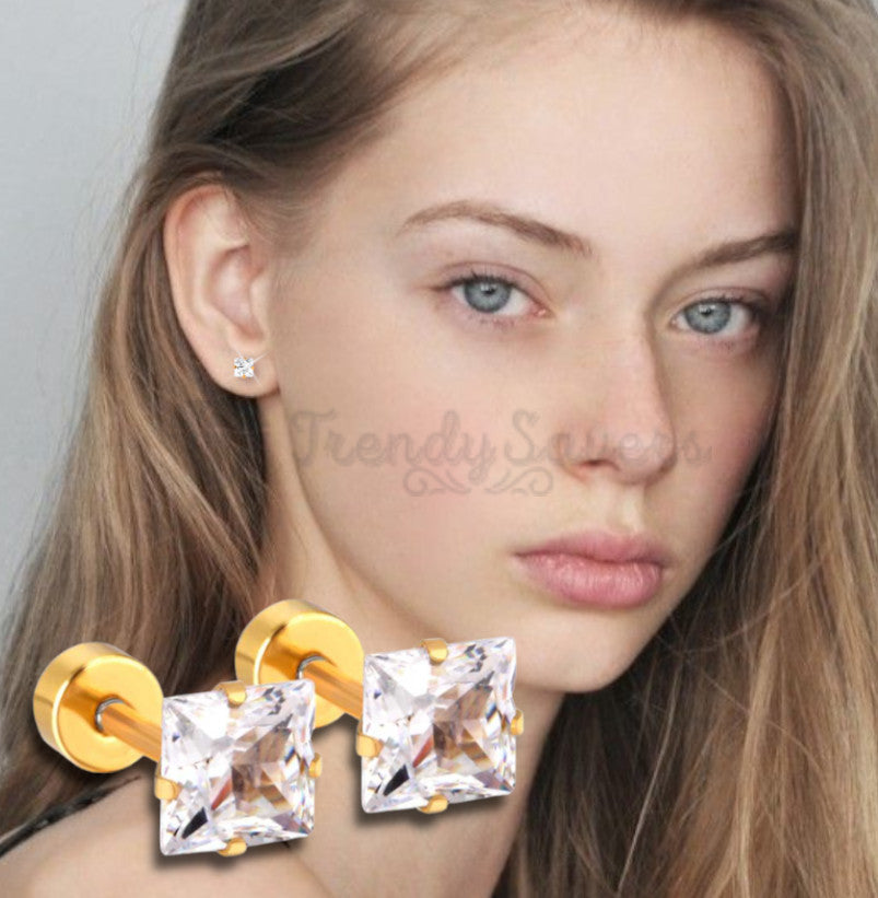 4MM Ear Piercing Studs Square Cubic Zirconia Stud Earrings Surgical Steel Gold