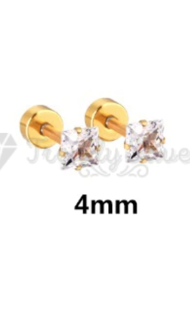 4MM Ear Piercing Studs Square Cubic Zirconia Stud Earrings Surgical Steel Gold