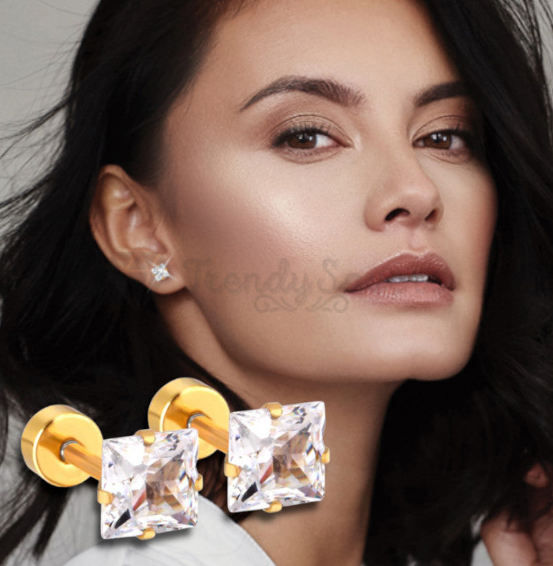5MM Square CZ Gem Earrings Ear Studs Stud Piercings Surgical Steel Pair Gold UK
