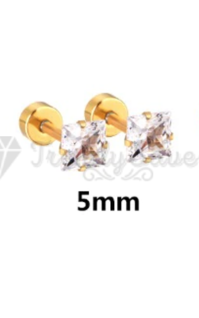 5MM Square CZ Gem Earrings Ear Studs Stud Piercings Surgical Steel Pair Gold UK