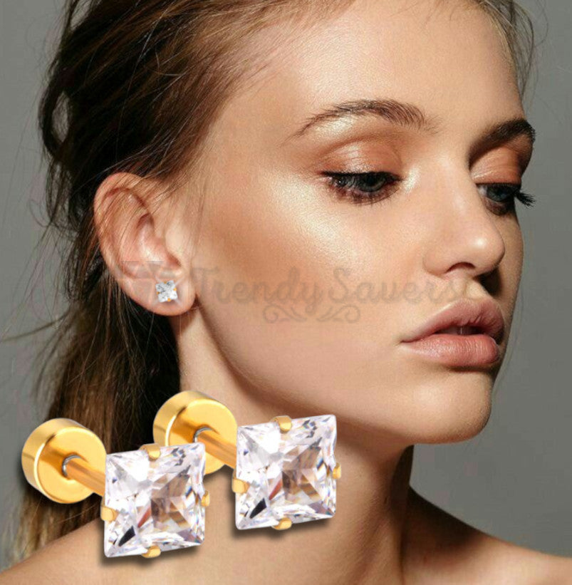 New Women Men Kids Surgical Steel Gold Square Cut CZ Cartilage Stud Earrings 6MM