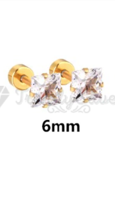New Women Men Kids Surgical Steel Gold Square Cut CZ Cartilage Stud Earrings 6MM