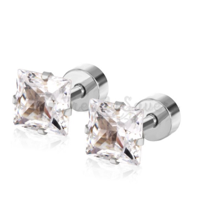 Square Princess Cut CZ Prong Set Silver Unisex Surgical Steel Stud Earrings 8MM