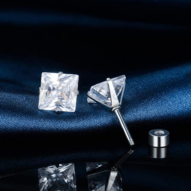 Square Princess Cut CZ Prong Set Silver Unisex Surgical Steel Stud Earrings 8MM