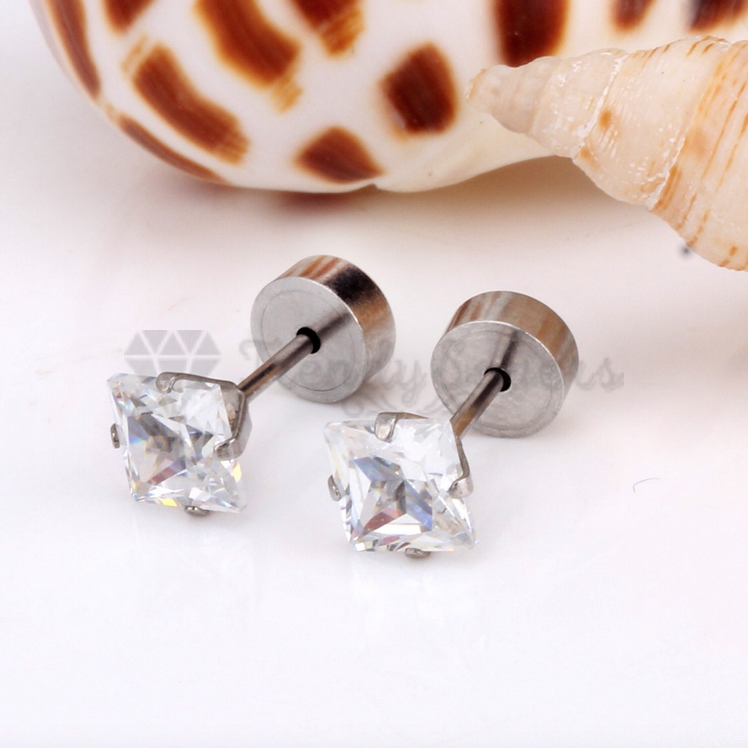 Square Princess Cut CZ Prong Set Silver Unisex Surgical Steel Stud Earrings 8MM