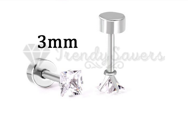 3MM Pair Surgical Steel Silver Square Cut CZ Screwback Stud Earrings Jewellery