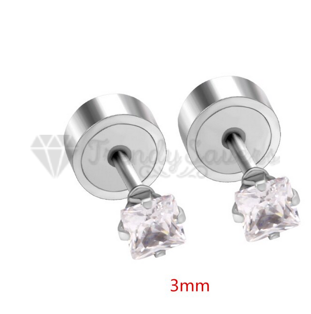 3MM Pair Surgical Steel Silver Square Cut CZ Screwback Stud Earrings Jewellery