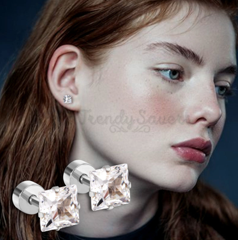 5MM Silver Cubic Zirconia Clear Crystal Stud Earrings CZ Surgical Steel Jewelry