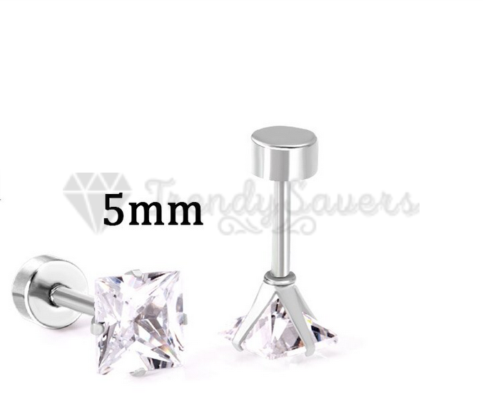 5MM Silver Cubic Zirconia Clear Crystal Stud Earrings CZ Surgical Steel Jewelry