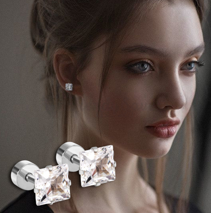 6MM Wide Cubic Zirconia Crystal Square Stone Stud Earrings Womens Jewellery Gift