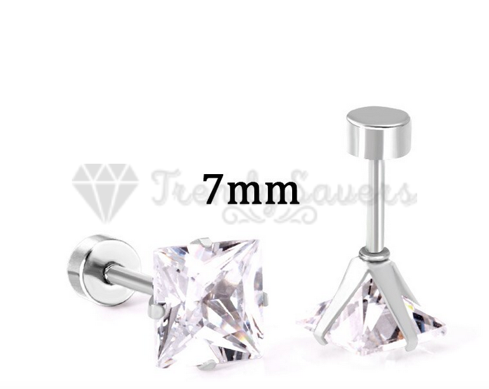 7MM Surgical Steel Silver Cubic Zirconia Stud Earrings Womens Ladies Jewellery