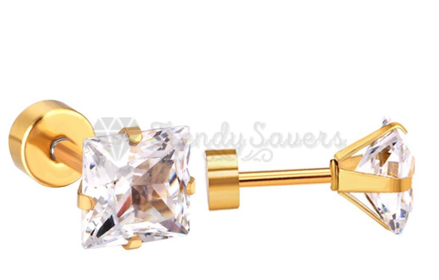 Square Cubic Zirconia Solitaire CZ Stud Earrings Gold Surgical Steel 8MM Wide