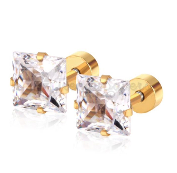 Square Cubic Zirconia Solitaire CZ Stud Earrings Gold Surgical Steel 8MM Wide