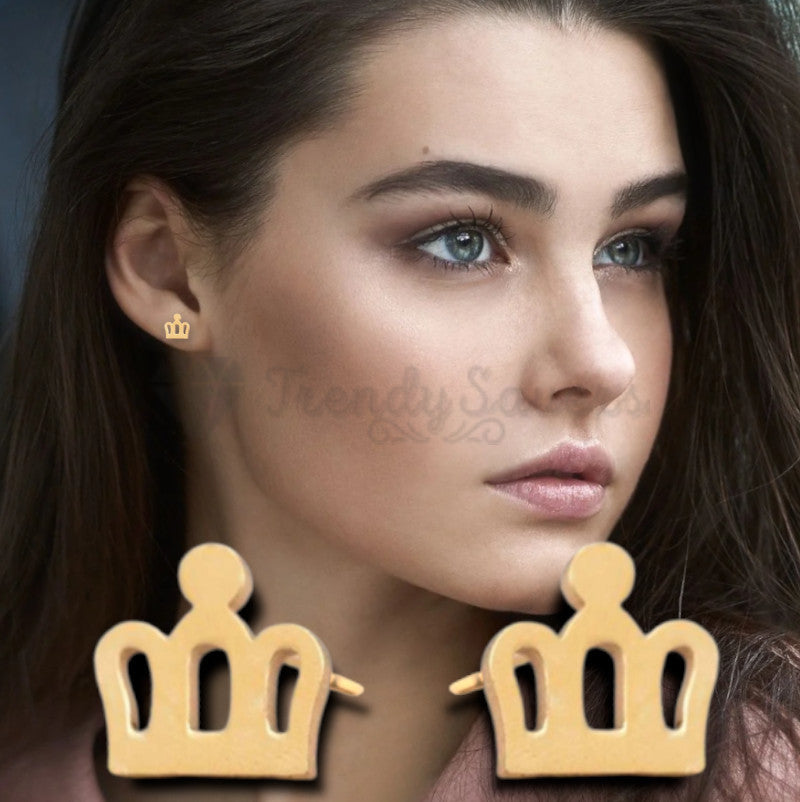 Surgical Steel Gold Tone Queen Princess Crown Shaped Women Sleeper Stud Earrings