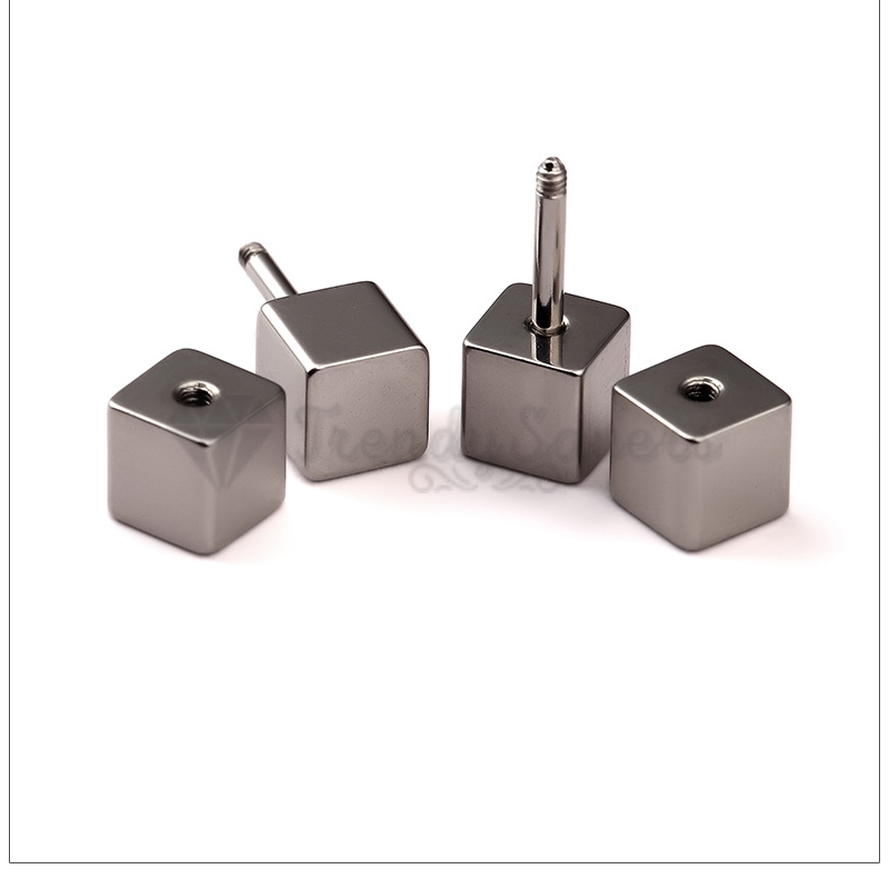 Hypoallergenic 4MM Stainless Steel Silver Square Cube Ear Piercing Stud Earrings