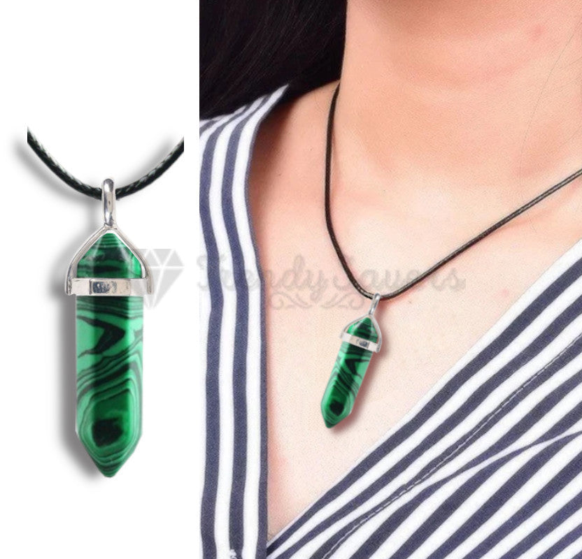 Green Camo Hexagon Natural Quartz Crystal Stone Healing Pointed Pendant Necklace