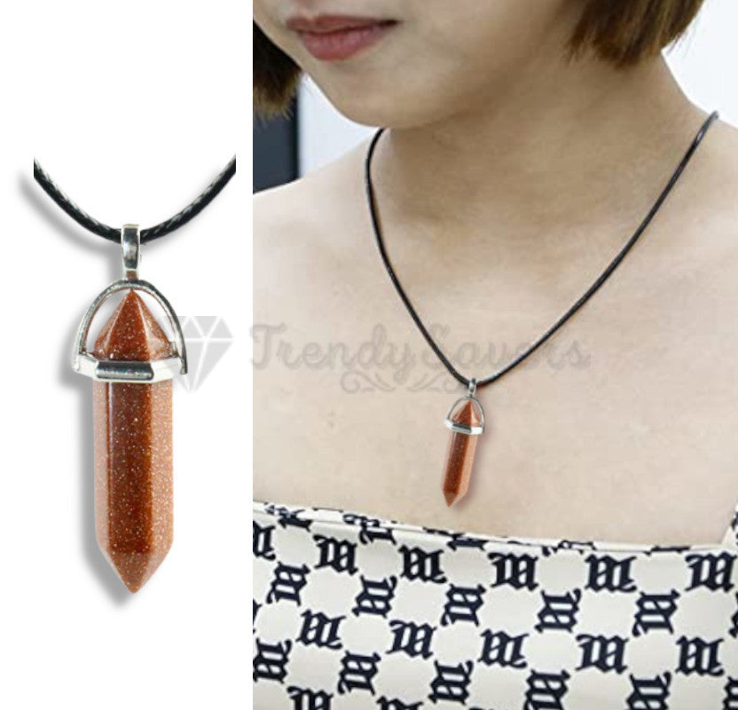 Shiny Brown Pointed Chakra Bullet Shape Quartz Crystal Hexagon Pendant Necklace