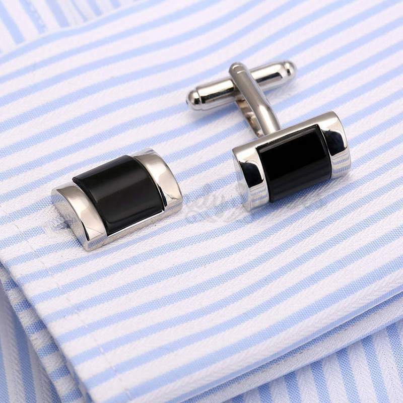 Men's Boys Smooth Curved Rectangle Silver Plated Plain Black Cuff Link Cufflink