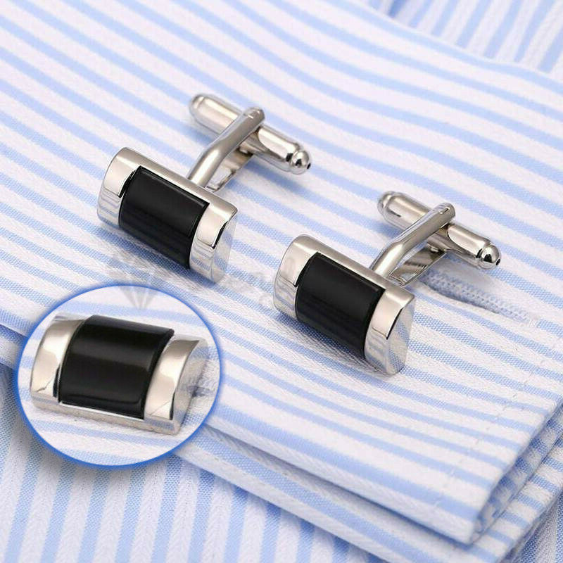 Men's Boys Smooth Curved Rectangle Silver Plated Plain Black Cuff Link Cufflink