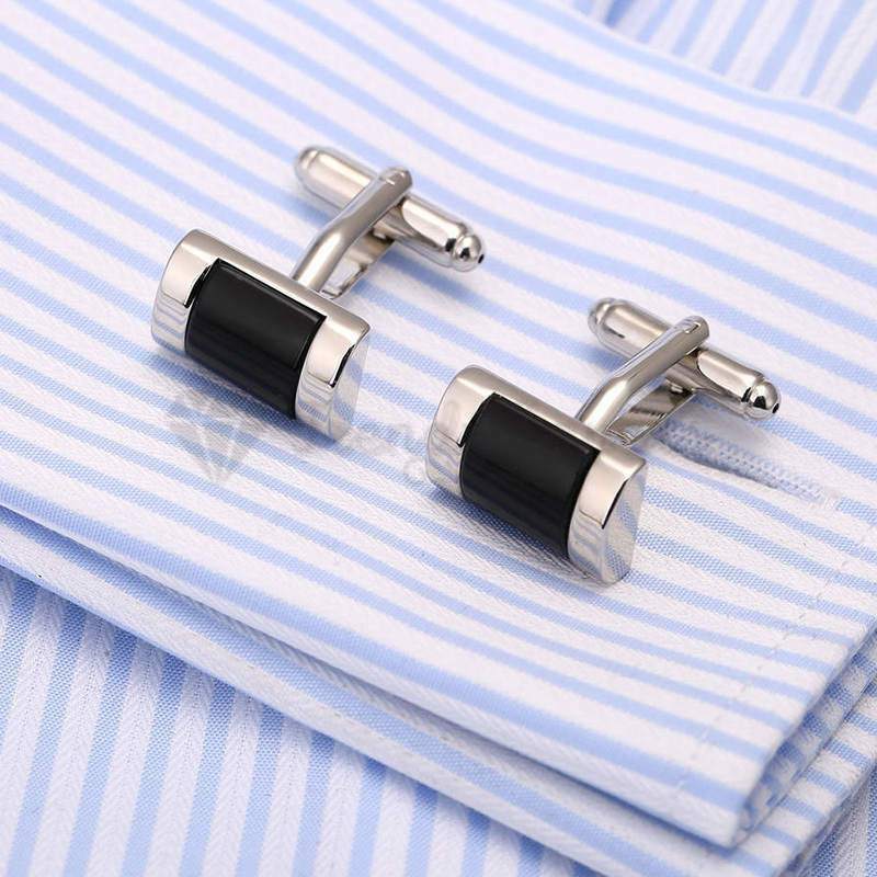 Men's Boys Smooth Curved Rectangle Silver Plated Plain Black Cuff Link Cufflink