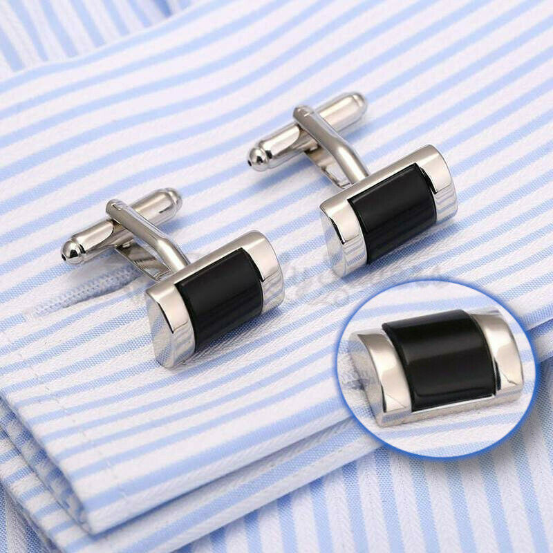 Men's Boys Smooth Curved Rectangle Silver Plated Plain Black Cuff Link Cufflink