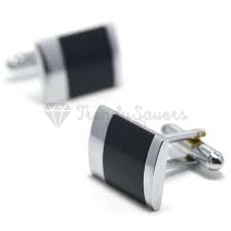 Men's Boys Smooth Curved Rectangle Silver Plated Plain Black Cuff Link Cufflink
