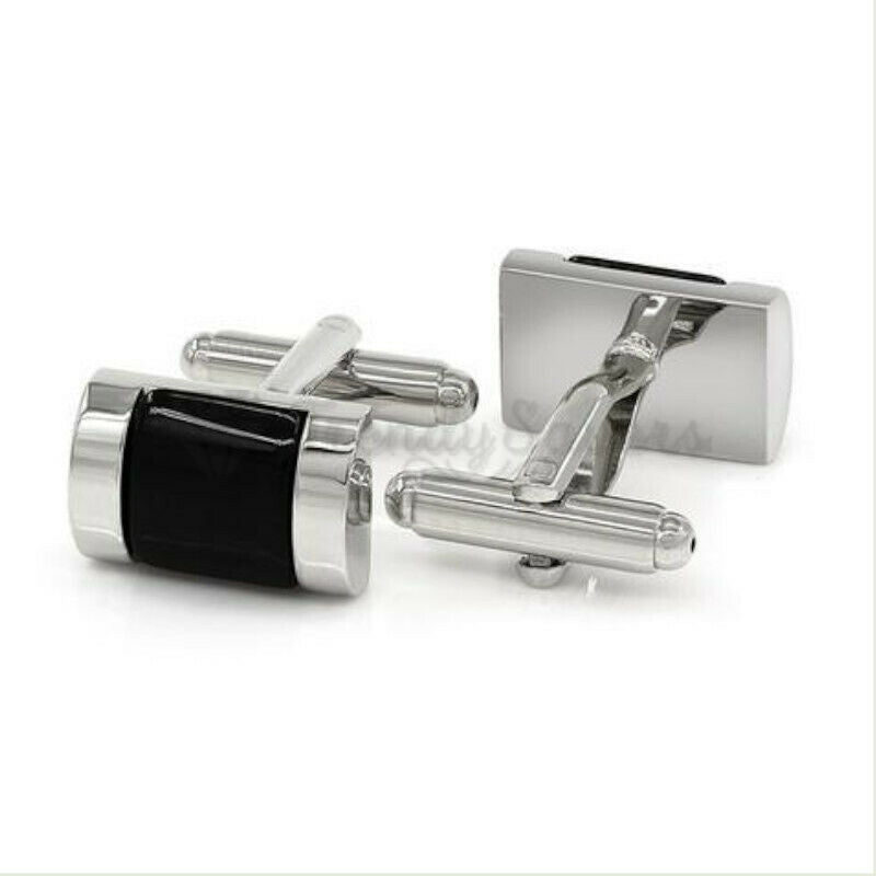 Men's Boys Smooth Curved Rectangle Silver Plated Plain Black Cuff Link Cufflink