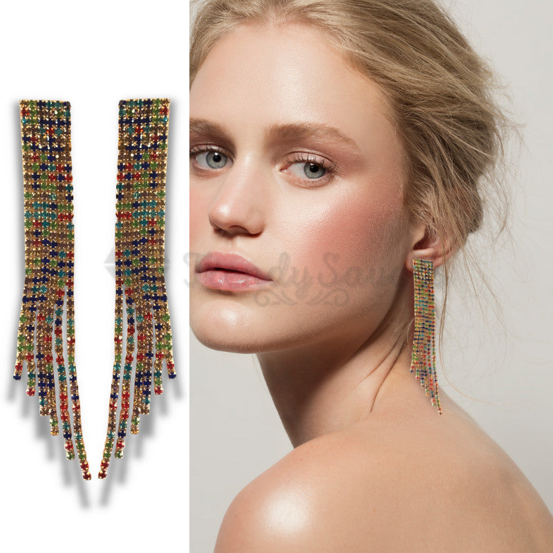 Sterling Silver Crystal Drop Chandelier Long Tassel Stud Earrings Gold Jewellery