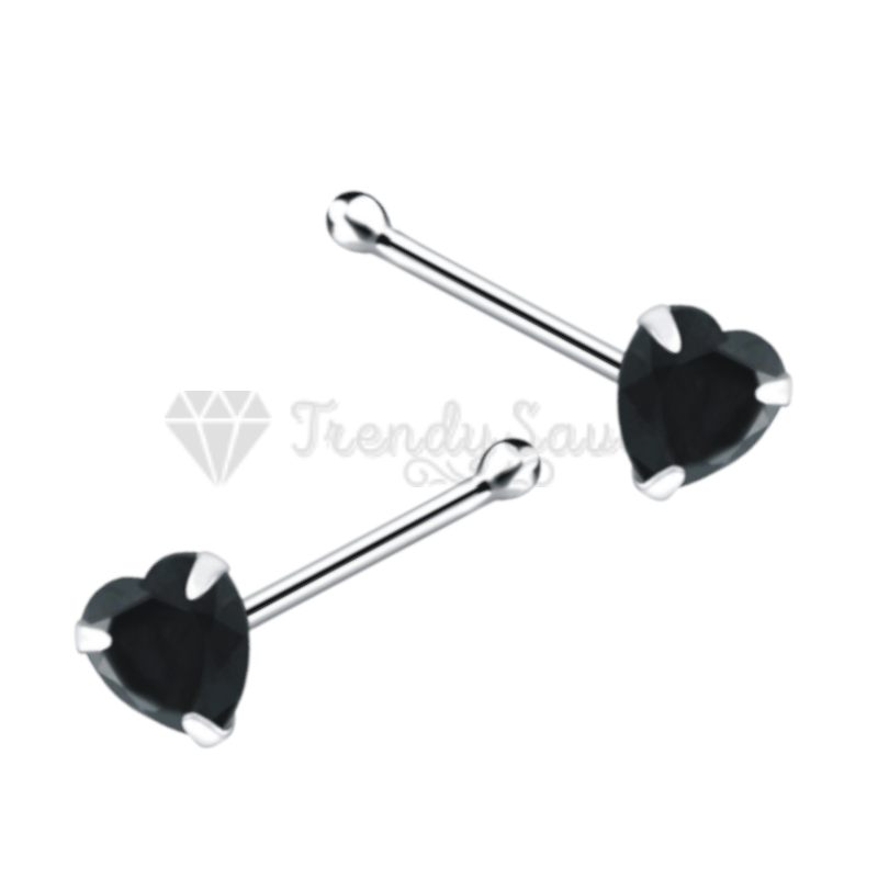 100% Solid Sterling Silver Small Black Heart Crystal Nose Ring Stud Straight End
