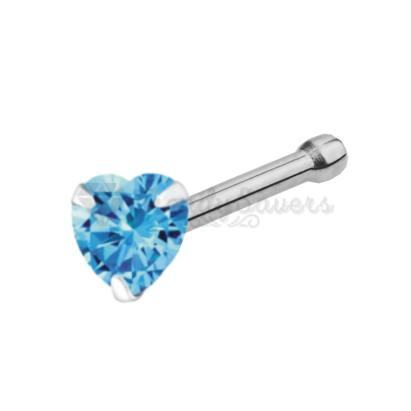 Sky Blue Heart Shape CZ Crystal Sterling Silver Nose Stud Bone End Pins Piercing