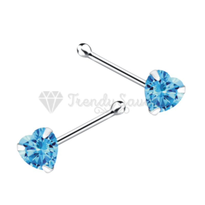 Sky Blue Heart Shape CZ Crystal Sterling Silver Nose Stud Bone End Pins Piercing