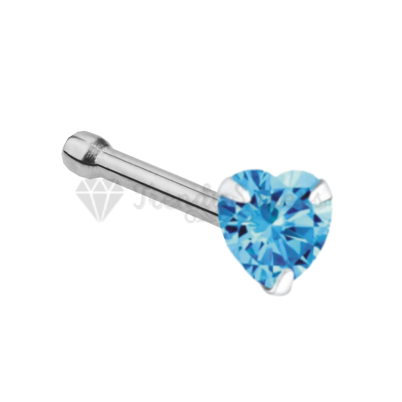 Sky Blue Heart Shape CZ Crystal Sterling Silver Nose Stud Bone End Pins Piercing