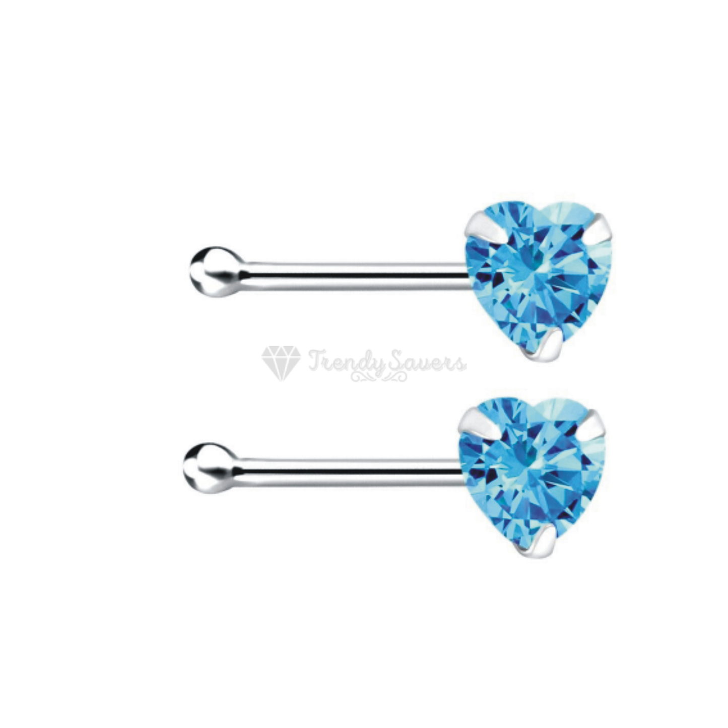 Sky Blue Heart Shape CZ Crystal Sterling Silver Nose Stud Bone End Pins Piercing