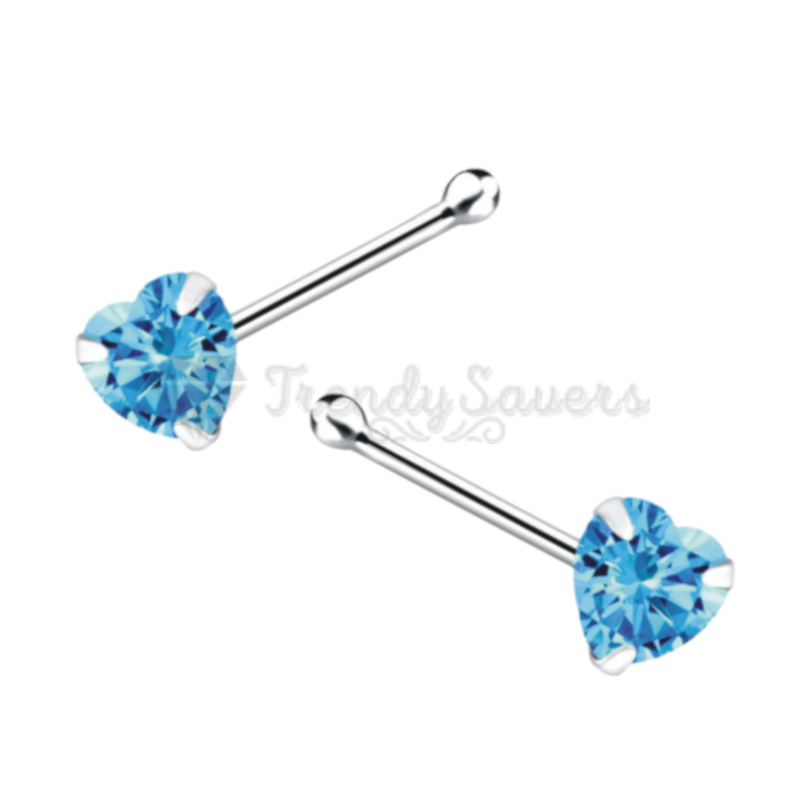 Sky Blue Heart Shape CZ Crystal Sterling Silver Nose Stud Bone End Pins Piercing