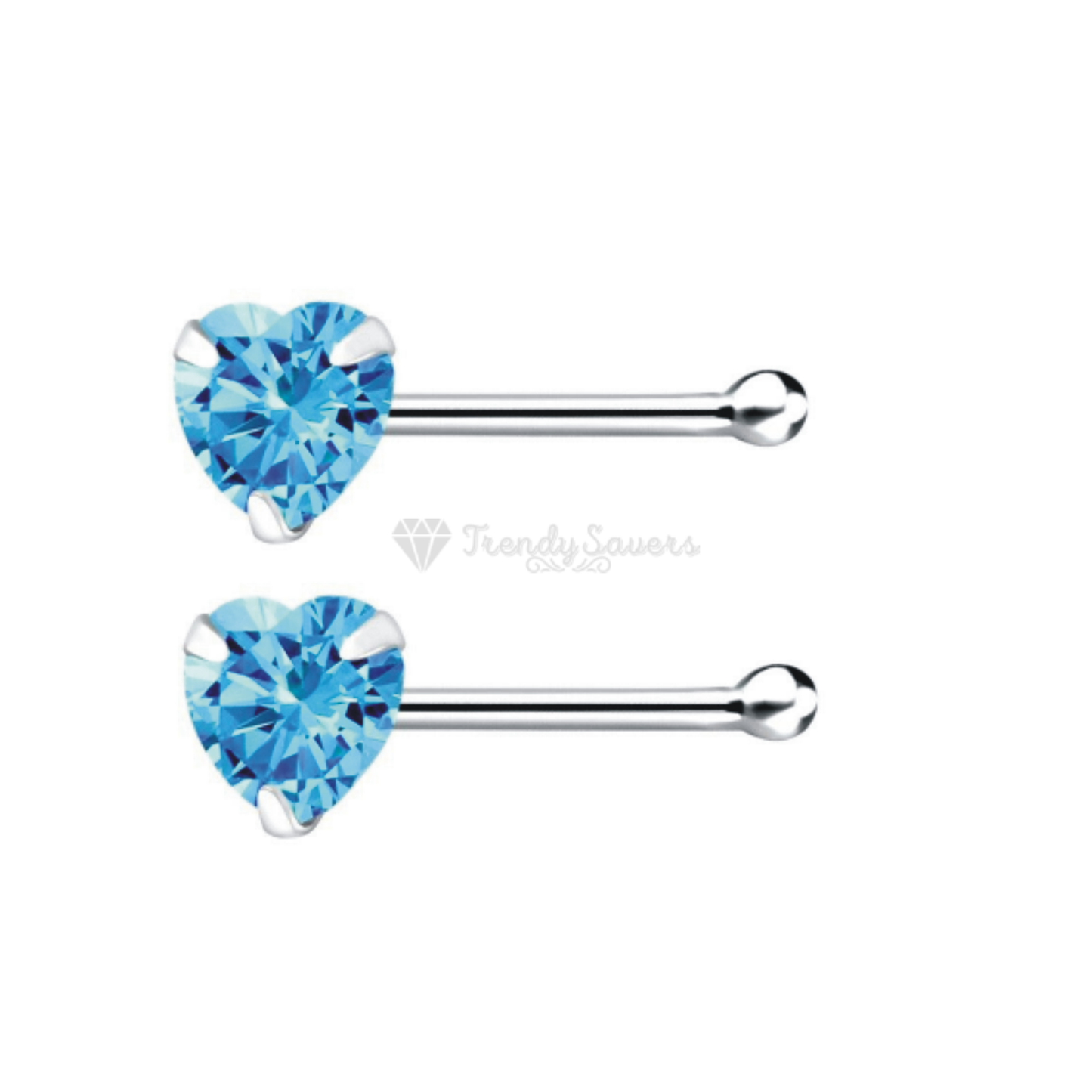 Sky Blue Heart Shape CZ Crystal Sterling Silver Nose Stud Bone End Pins Piercing