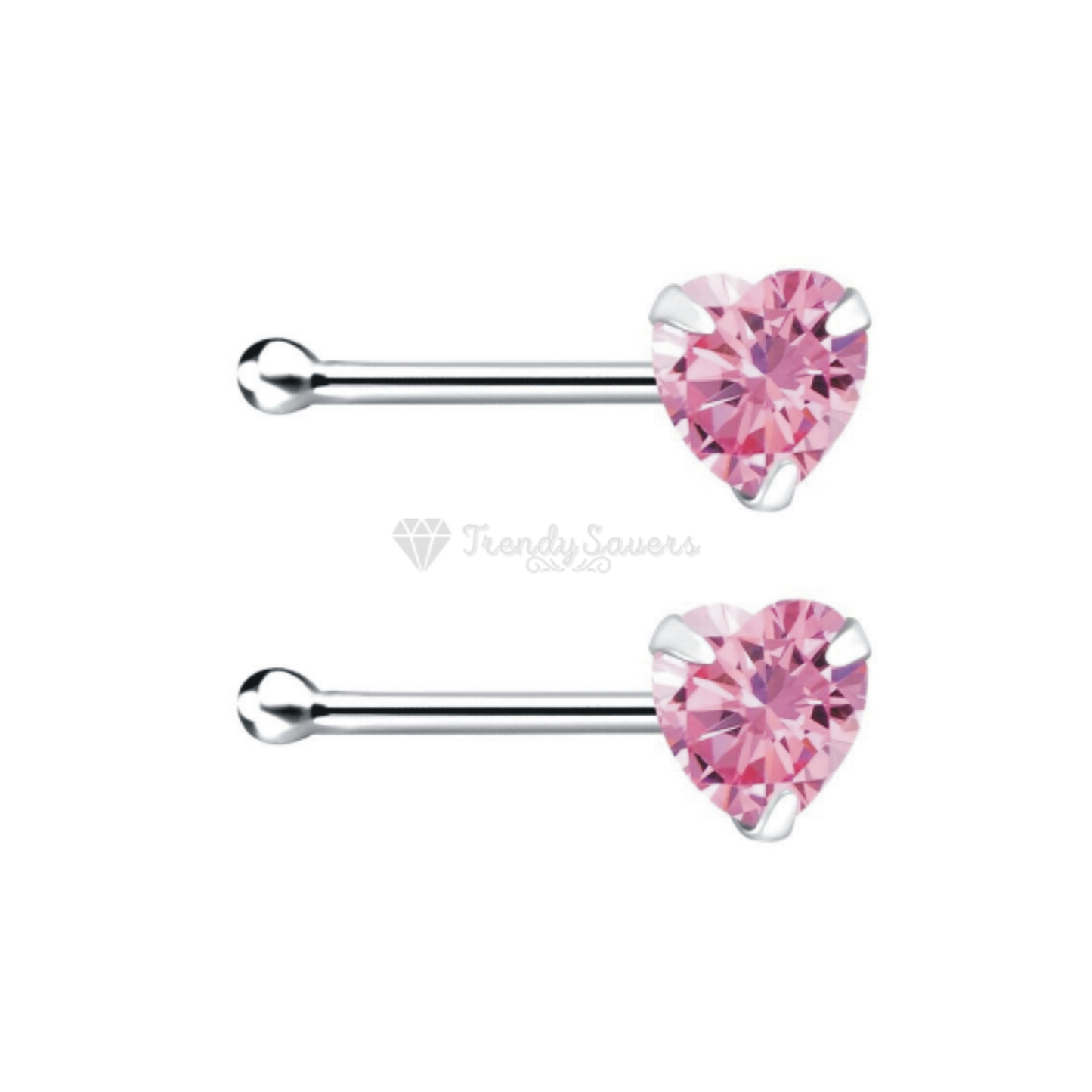 Women Ladies Heart Shape Pink Crystal Nose Stud Bone End Piercing Pins 3MM Wide