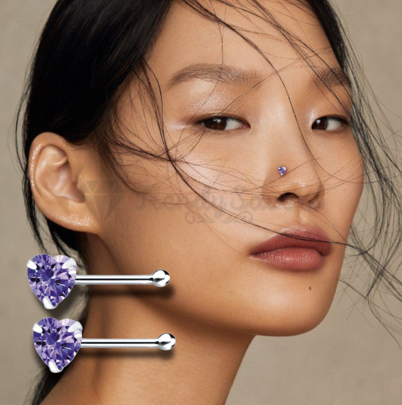 925 Sterling Silver Purple CZ Heart Shape Bone Screw Straight End Nose Stud Ring