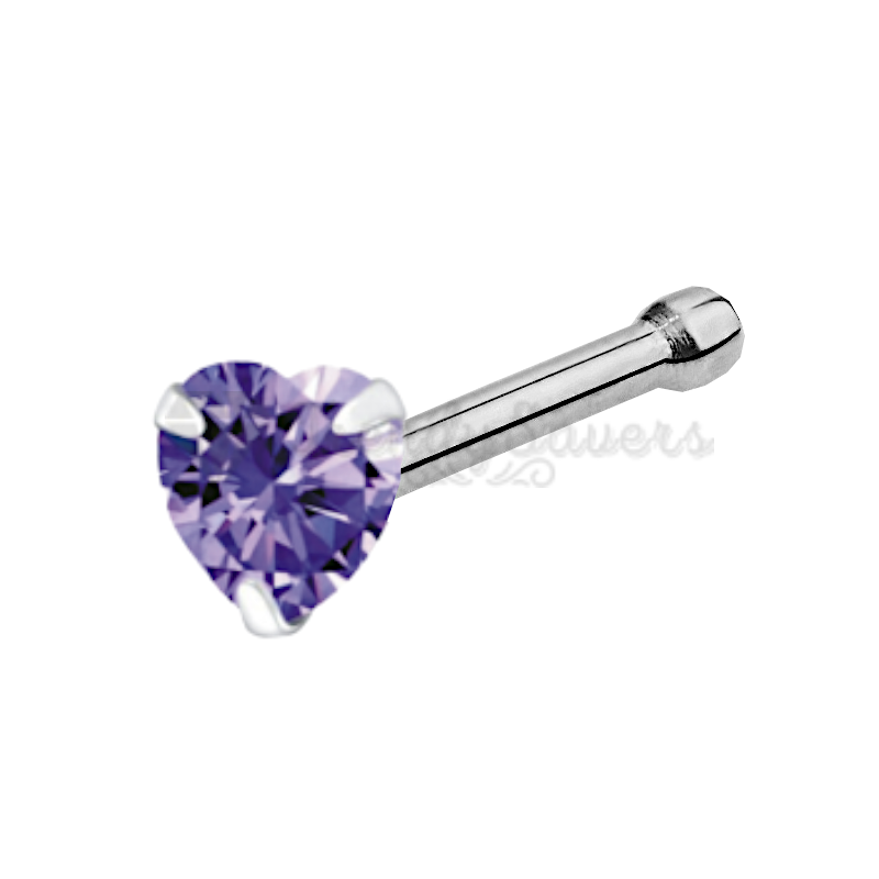 925 Sterling Silver Purple CZ Heart Shape Bone Screw Straight End Nose Stud Ring