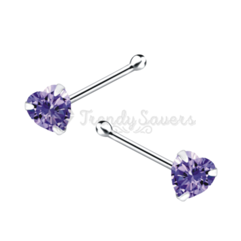 925 Sterling Silver Purple CZ Heart Shape Bone Screw Straight End Nose Stud Ring